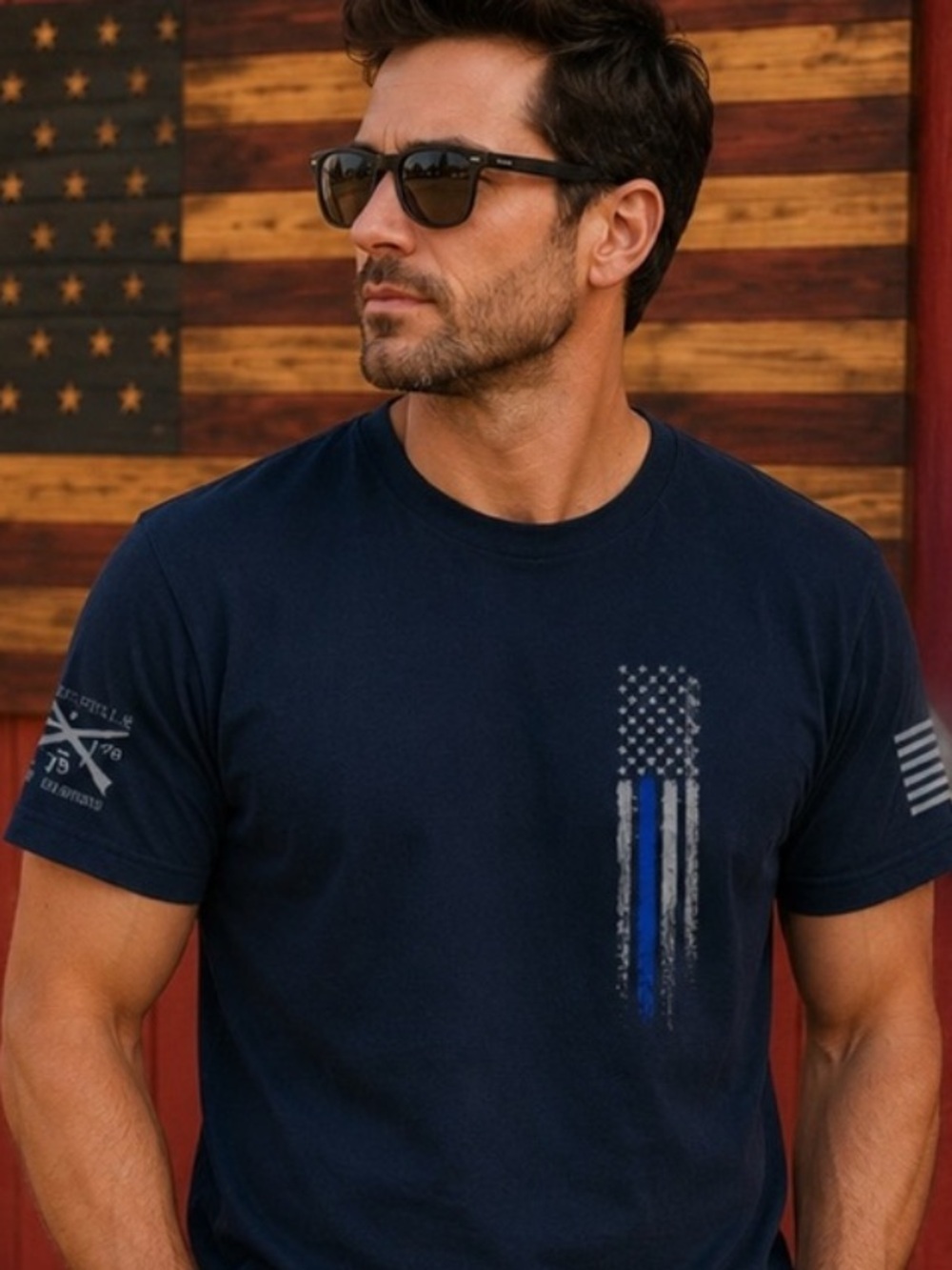 Grunt Style Thin Blue Line American Flag Graphic T-Shirt Black Size XL Patriotic